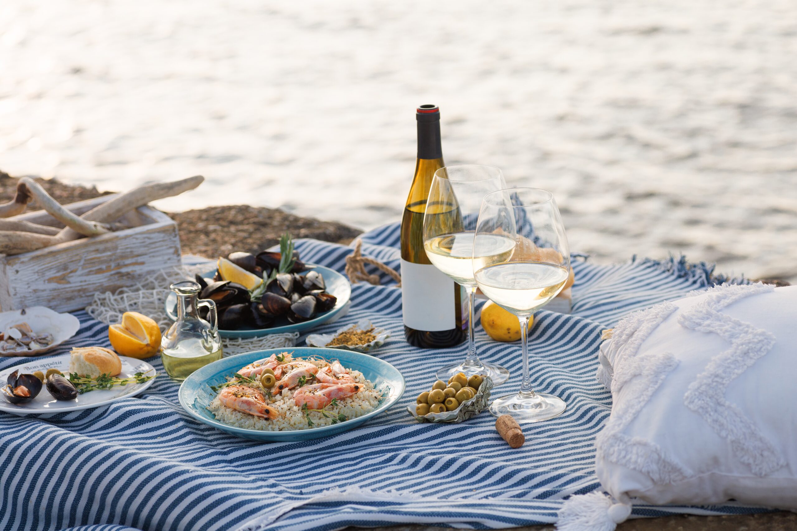 food and glasses of wine